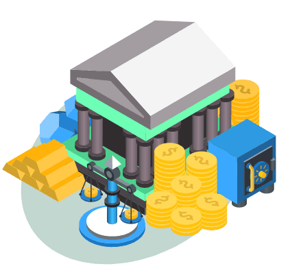 Bank with gold and money safe