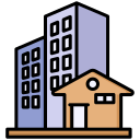 House and tall buildings icon.