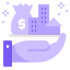 Hand holding money and buildings.